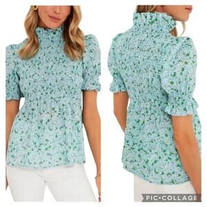 Tuckernuck Daylight Blooms Short Sleeve Rowan Smocked Blouse Women’s‎ Sz S